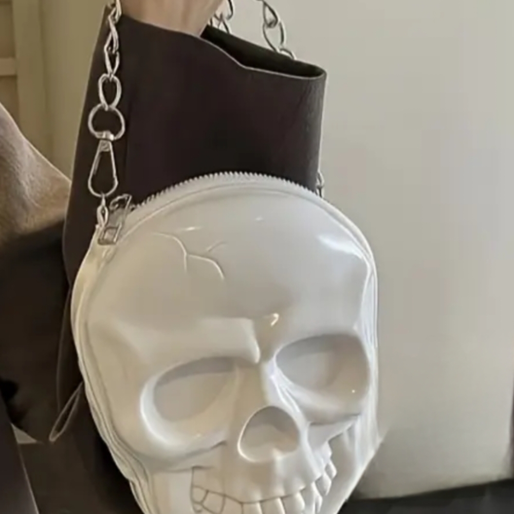 White Skull Crossbody Purse with Chain - Picture 2 of 7